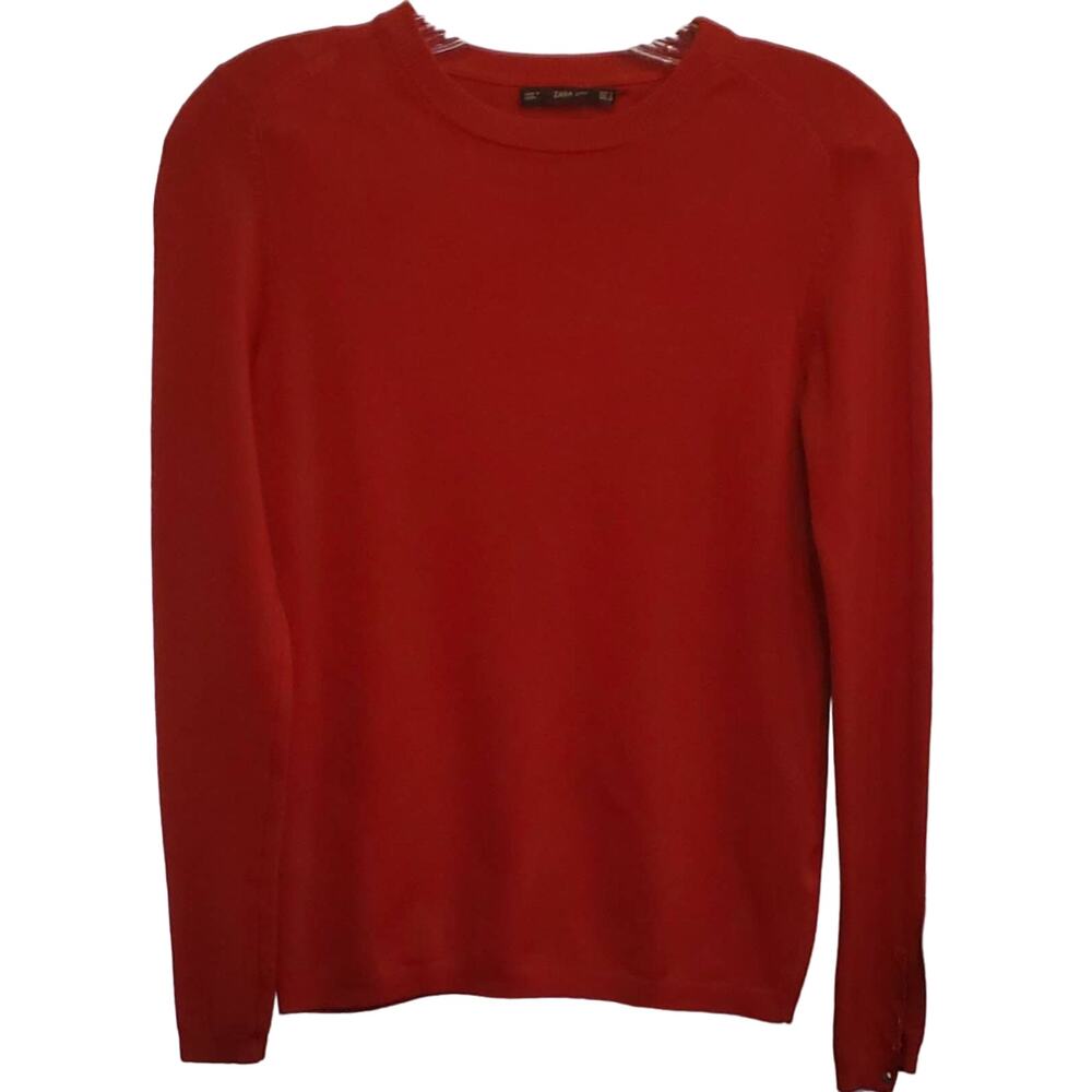 Zara Knit Light Weight Red Pull Over Sweater Snap Sleeves Size Small